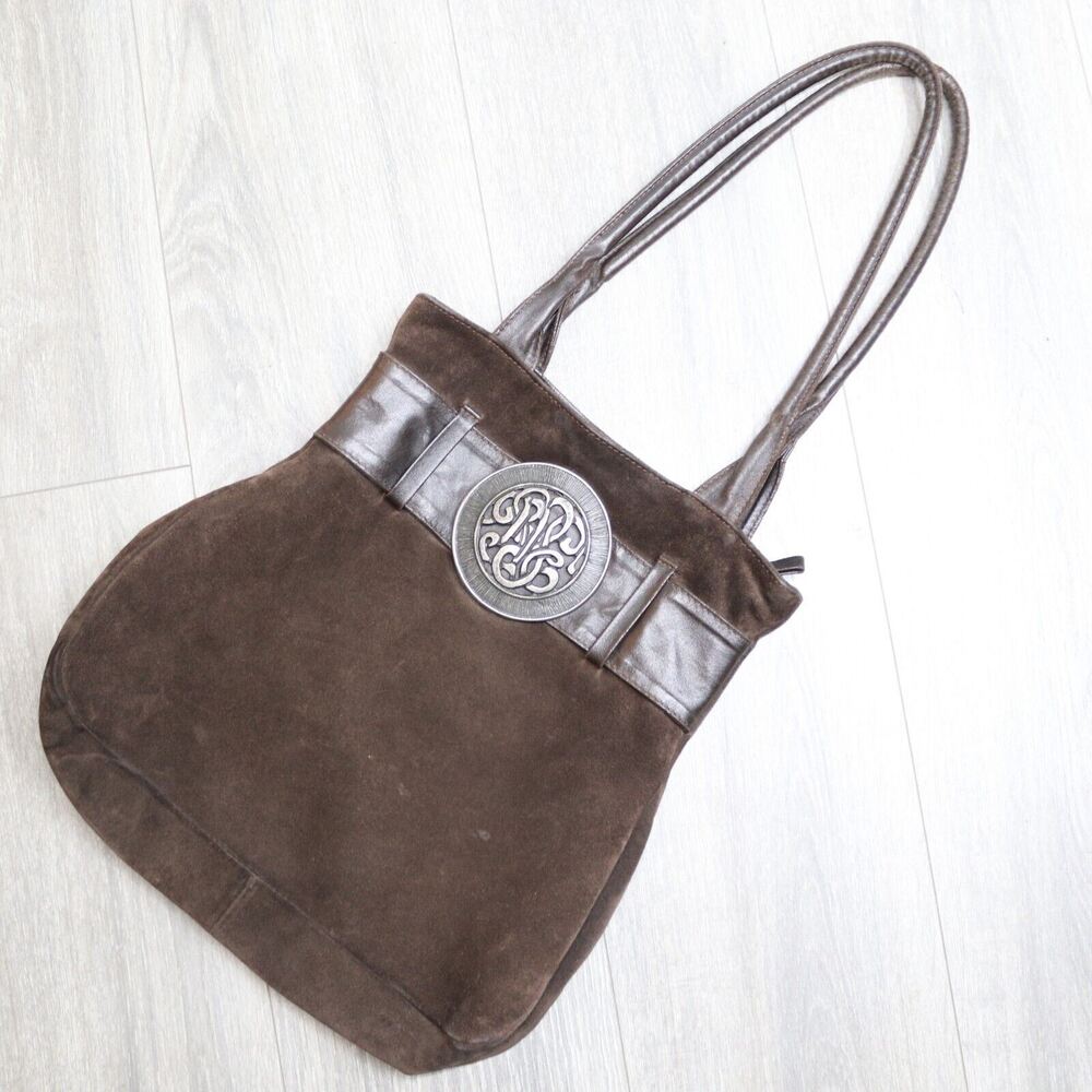 Dolce Vita Handbag Women Medium Brown Suede Leather Trim Medallion Shoulder Bag